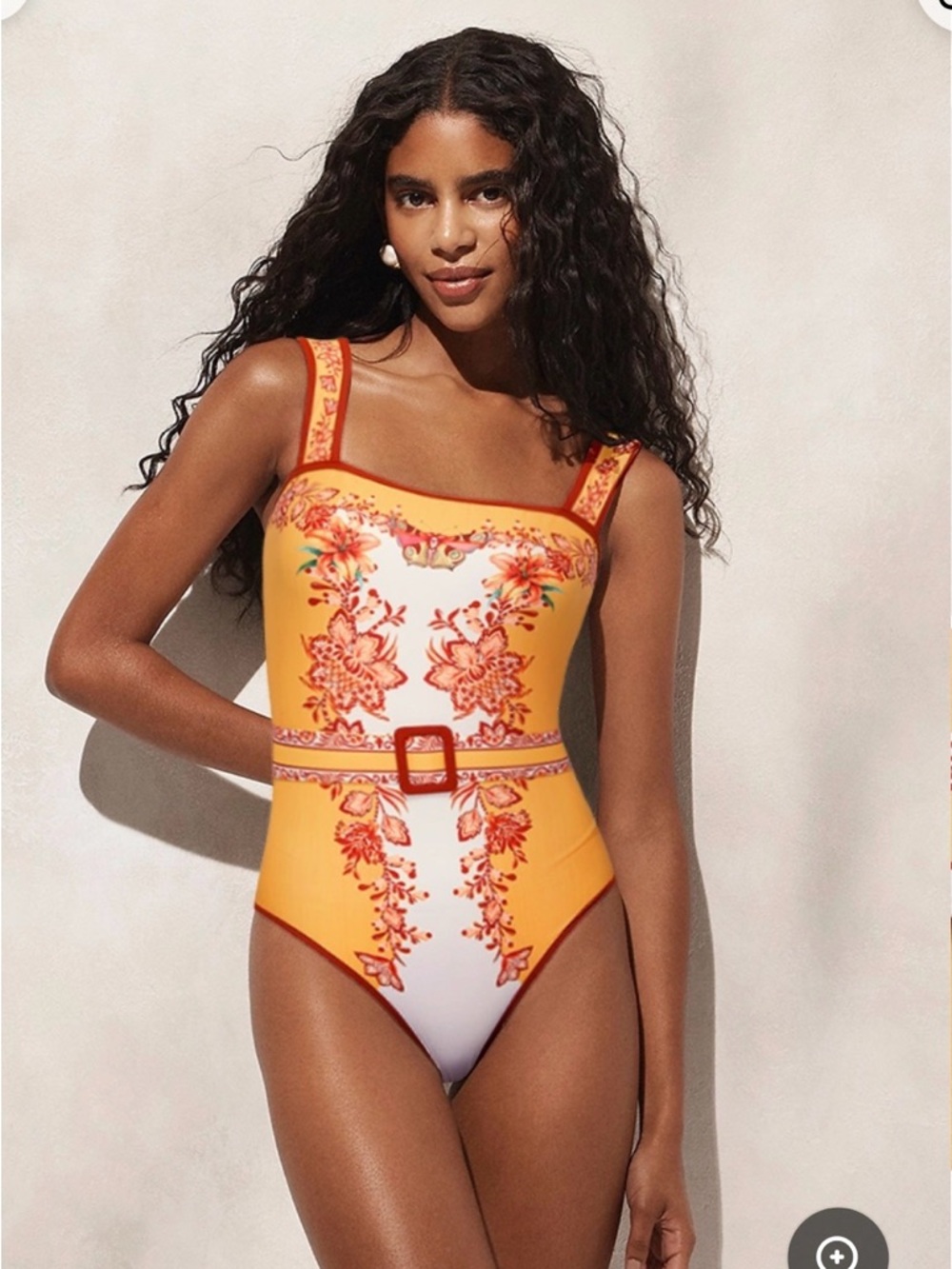 Women’s Orange Floral Print One-Piece Swimsuit with Belt